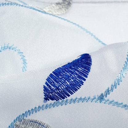 White And Royal Blue Floral Pattern Silver Zari Embroidery Organza Tissue Premium Sheer Fabric (Width 48 Inches)