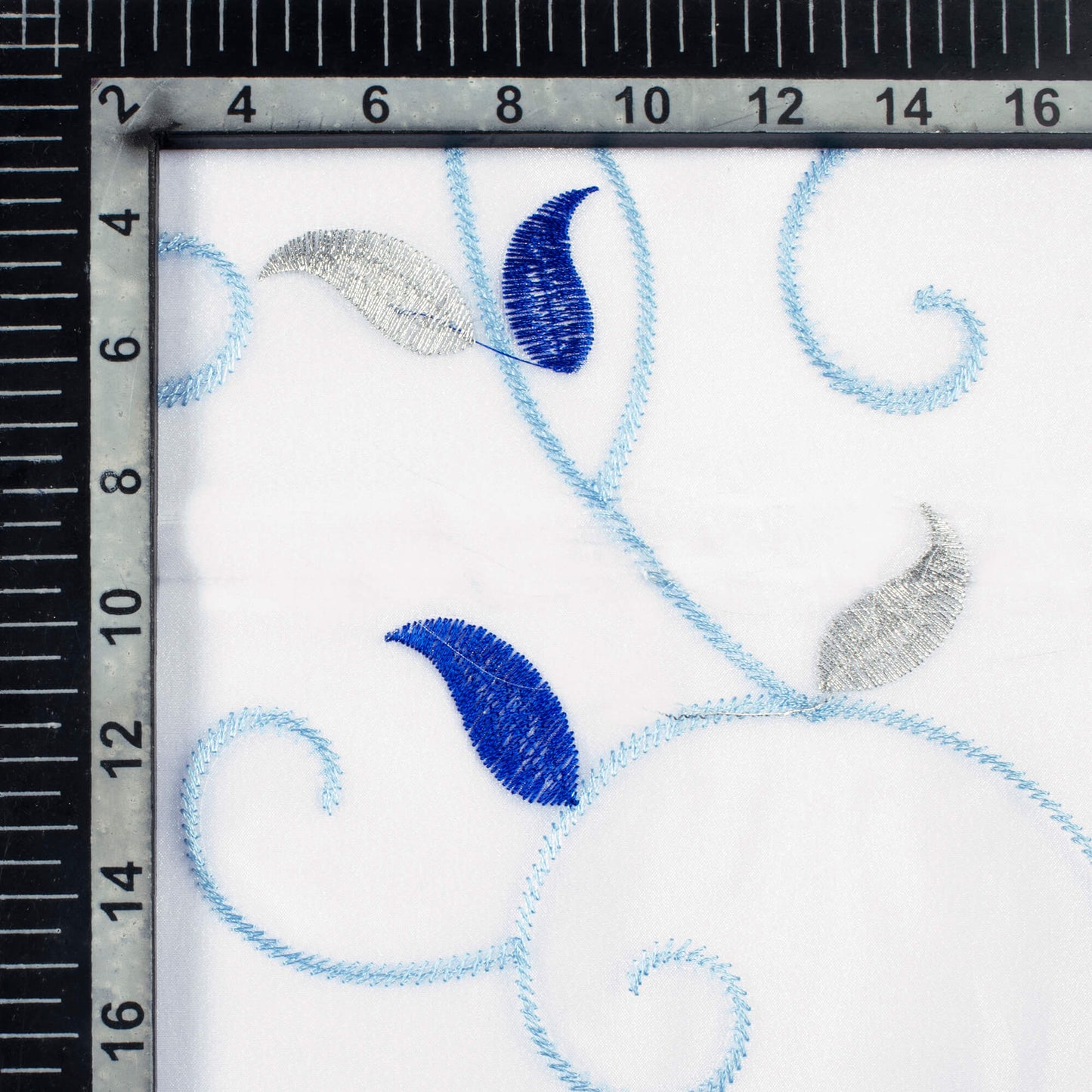 White And Royal Blue Floral Pattern Silver Zari Embroidery Organza Tissue Premium Sheer Fabric (Width 48 Inches)