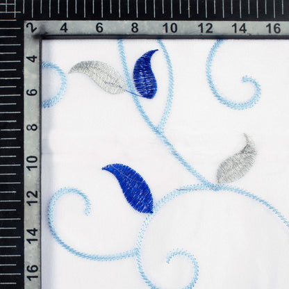 White And Royal Blue Floral Pattern Silver Zari Embroidery Organza Tissue Premium Sheer Fabric (Width 48 Inches)