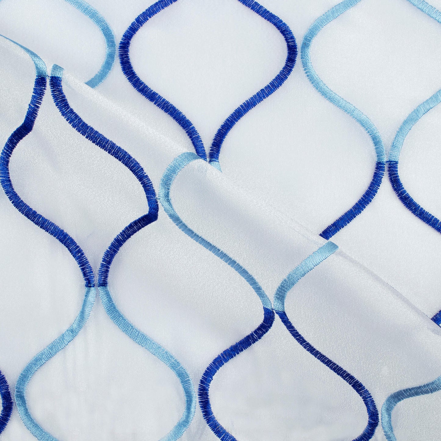 White And Royal Blue Trellis Pattern Embroidery Organza Tissue Premium Sheer Fabric (Width 48 Inches)