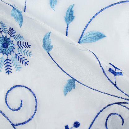 White And Royal Blue Floral Pattern Embroidery Organza Tissue Premium Sheer Fabric (Width 48 Inches)