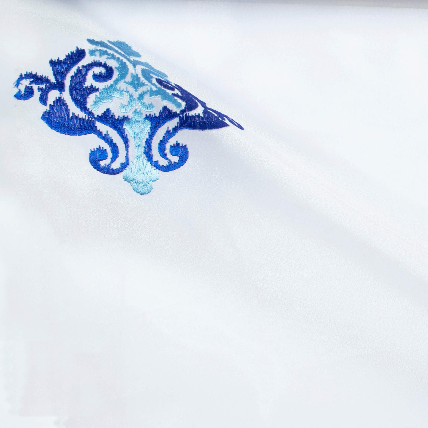 White And Royal Blue Ethnic Pattern Embroidery Organza Tissue Premium Sheer Fabric (Width 48 Inches)