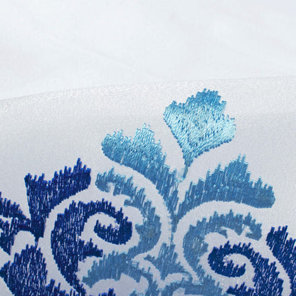 White And Royal Blue Ethnic Pattern Embroidery Organza Tissue Premium Sheer Fabric (Width 48 Inches)