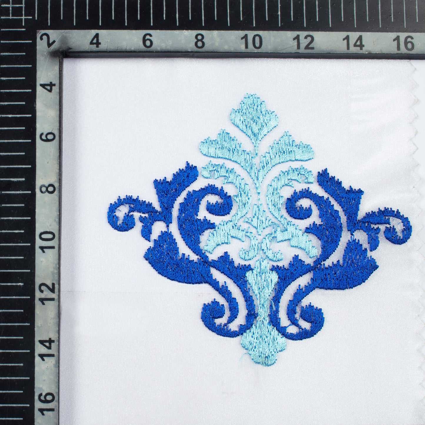 White And Royal Blue Ethnic Pattern Embroidery Organza Tissue Premium Sheer Fabric (Width 48 Inches)