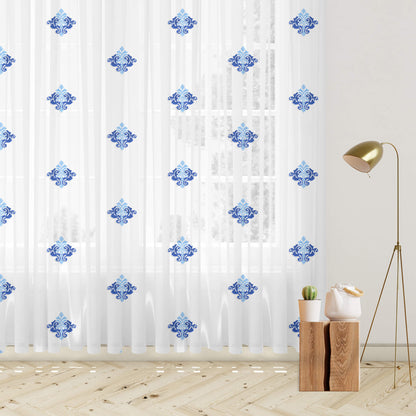White And Royal Blue Ethnic Pattern Embroidery Organza Tissue Premium Sheer Fabric (Width 48 Inches)