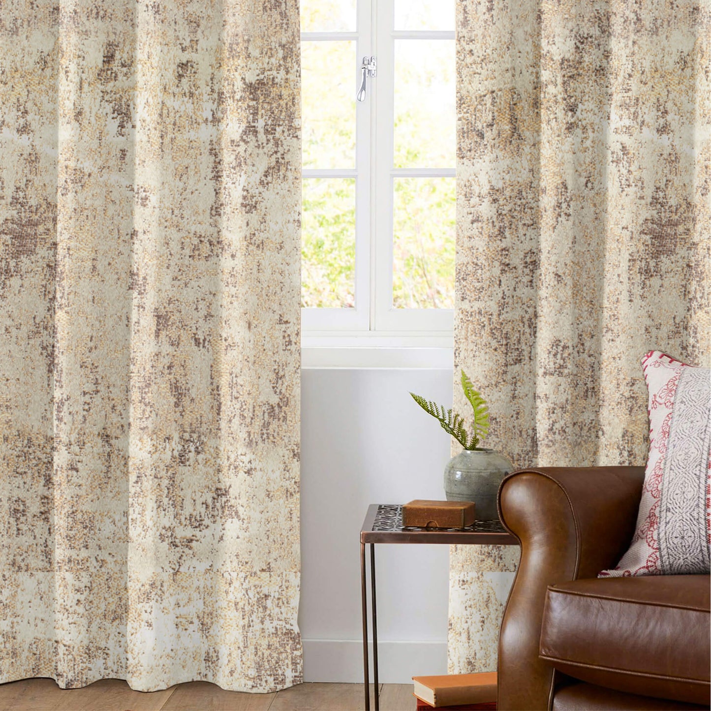 White And Mocha Brown Self Textured Jacquard Premium Curtain Fabric (Width 48 Inches)