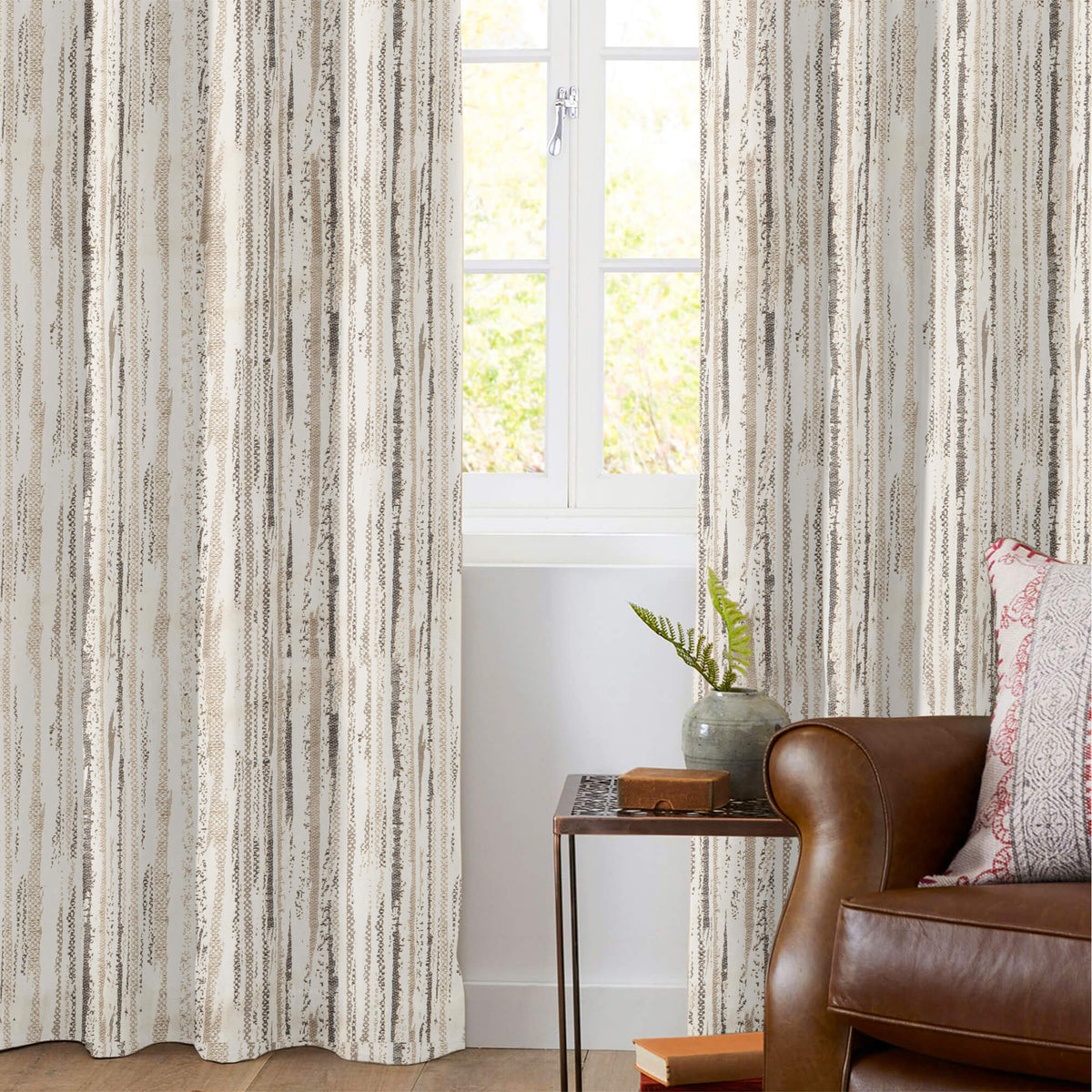 White And Mocha Brown Self Textured Jacquard Premium Curtain Fabric (Width 48 Inches)