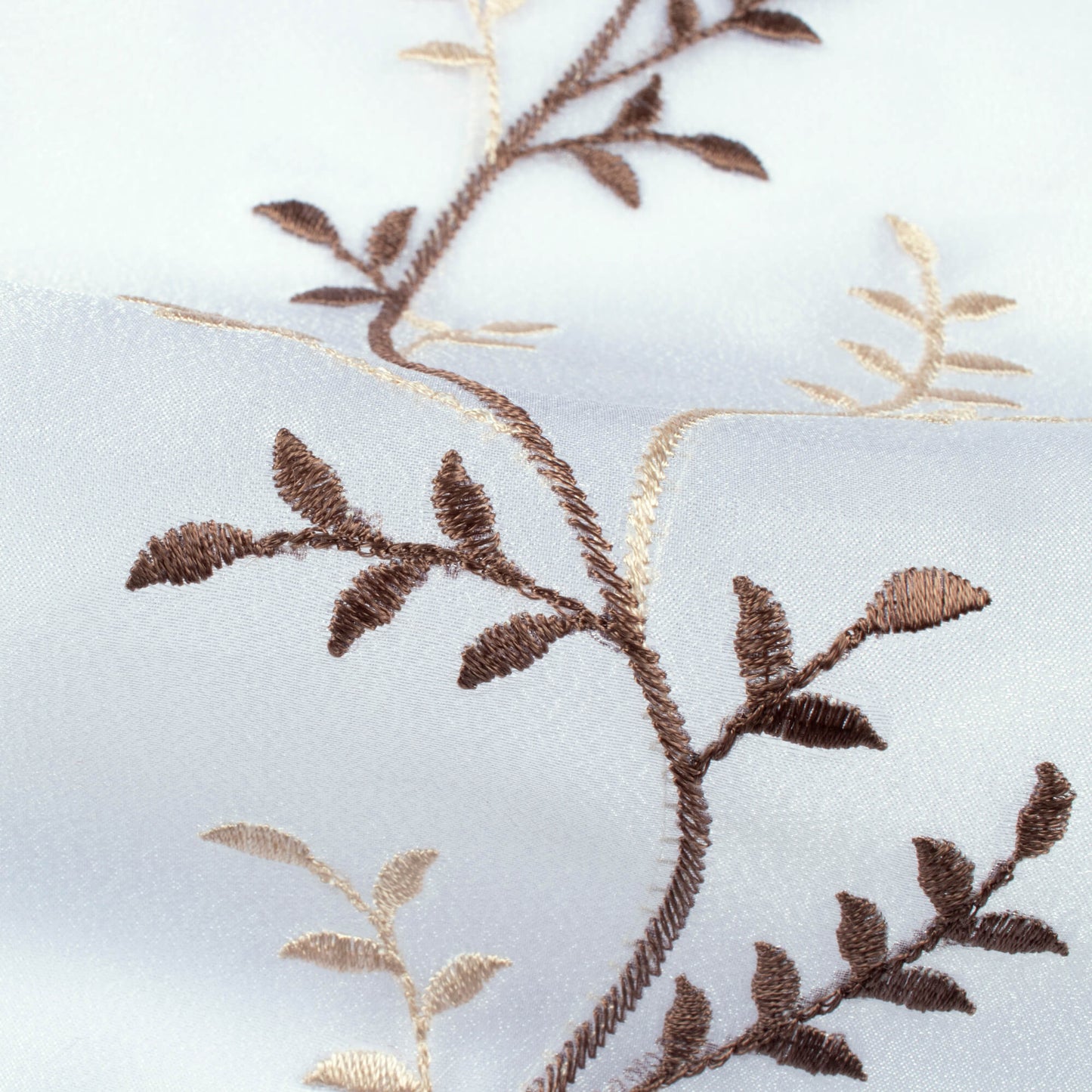 White And Mocha Brown Embroidery Organza Tissue Premium Sheer Fabric (Width 48 Inches)