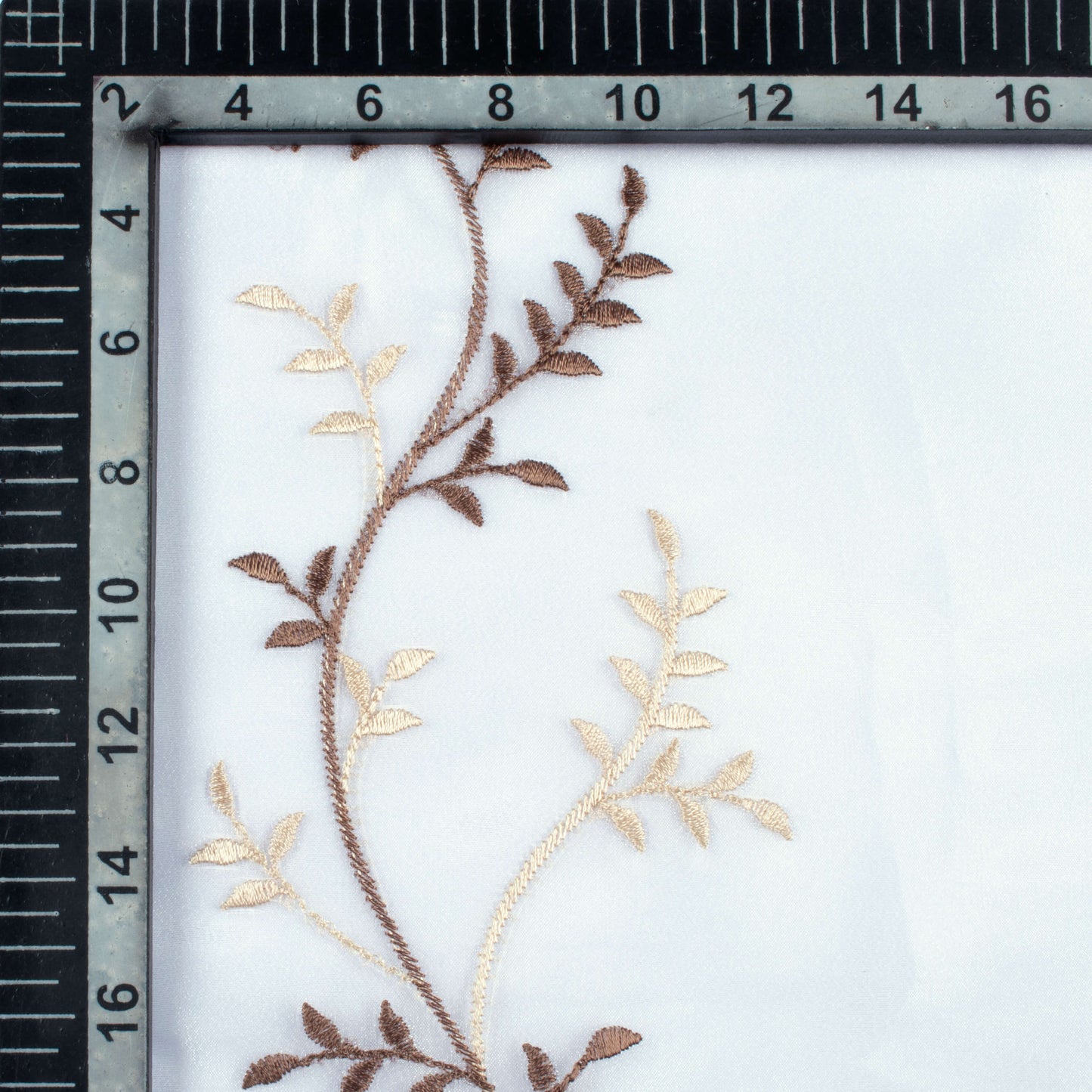 White And Mocha Brown Embroidery Organza Tissue Premium Sheer Fabric (Width 48 Inches)