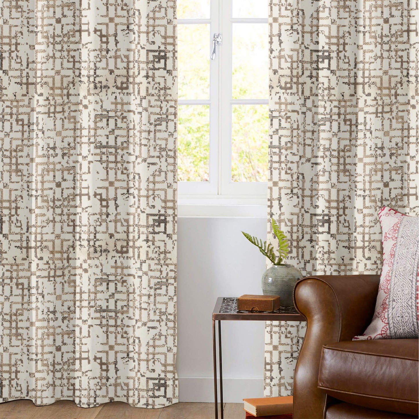 White And Mocha Brown Geometric Pattern Jacquard Premium Curtain Fabric (Width 48 Inches)