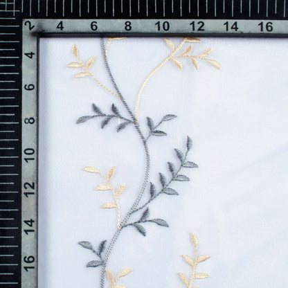 White And Grey Embroidery Organza Tissue Premium Sheer Fabric (Width 48 Inches)