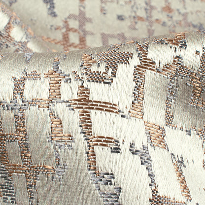 White And Brown Geometric Pattern Jacquard Premium Curtain Fabric (Width 48 Inches)