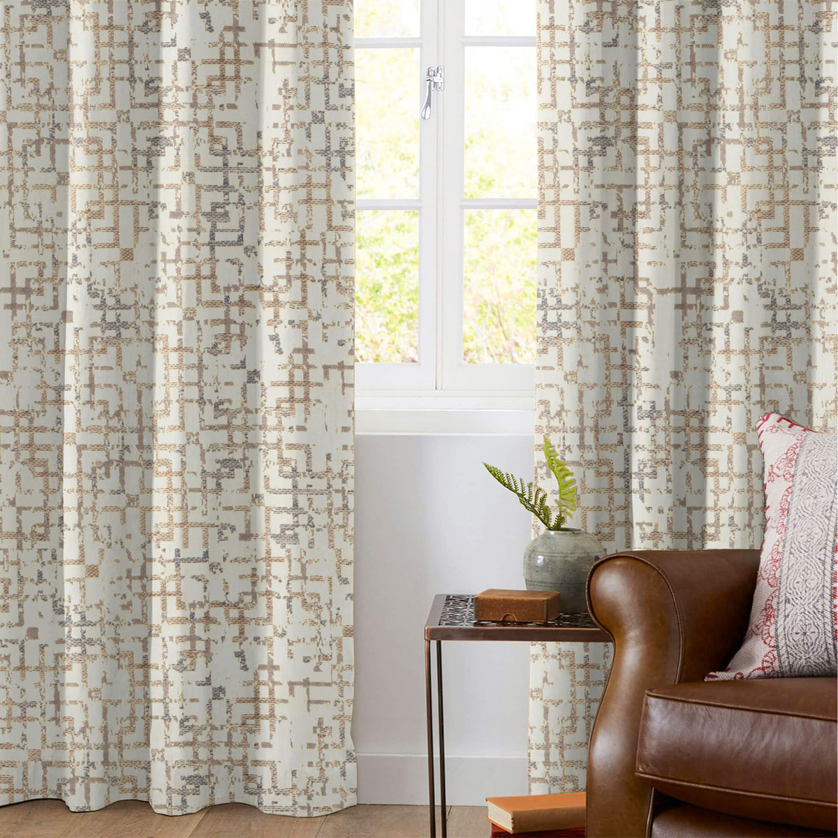 White And Brown Geometric Pattern Jacquard Premium Curtain Fabric (Width 48 Inches)
