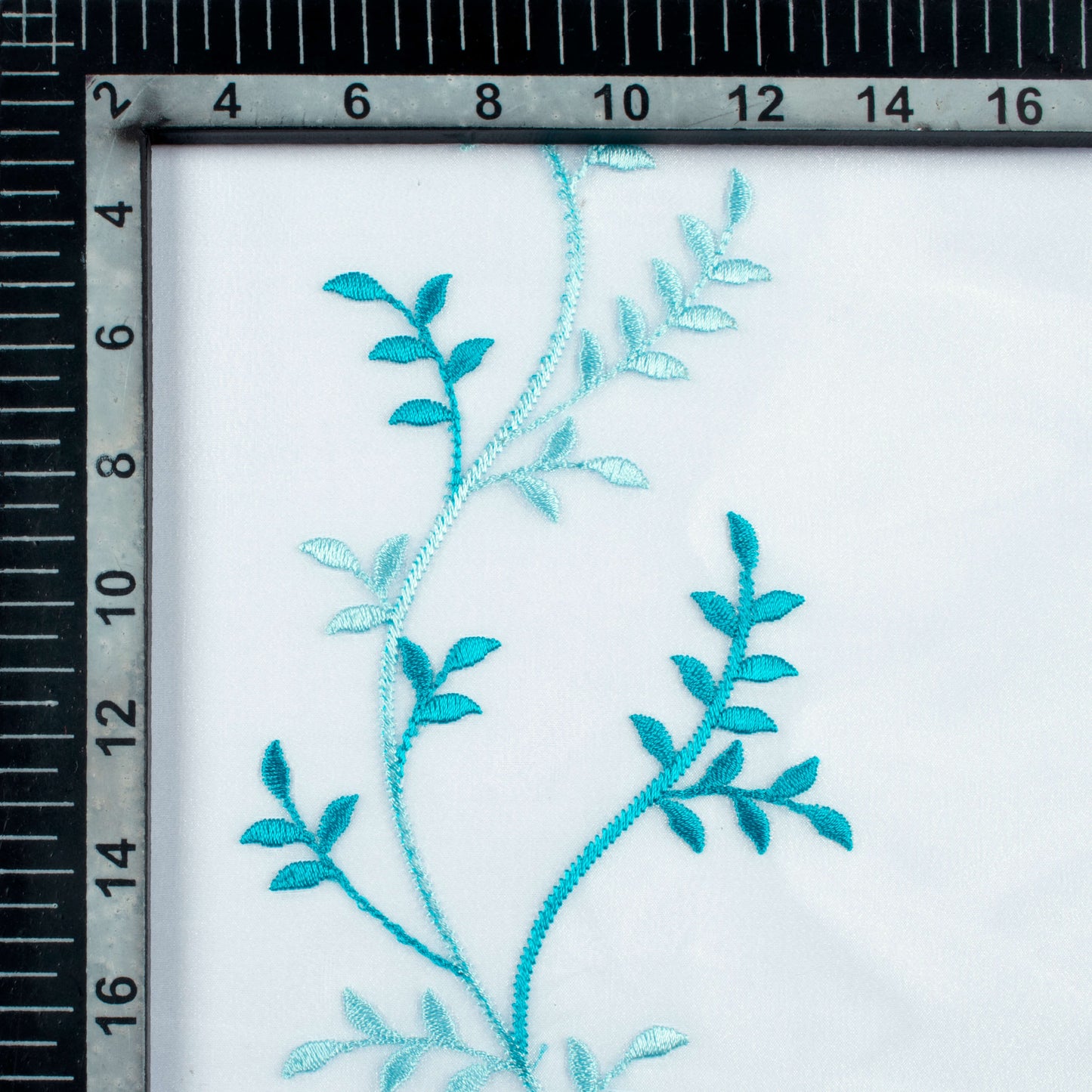 White And Teal Blue Embroidery Organza Tissue Premium Sheer Fabric (Width 48 Inches)