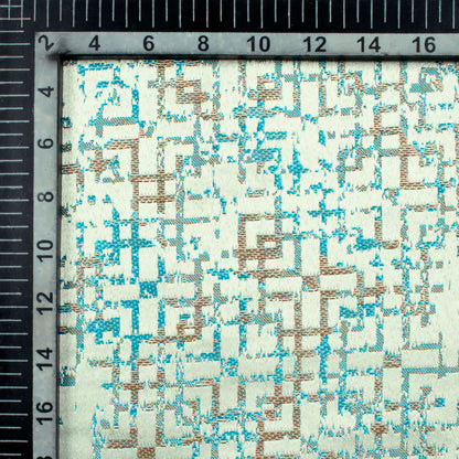 White And Teal Blue Geometric Pattern Jacquard Premium Curtain Fabric (Width 48 Inches)