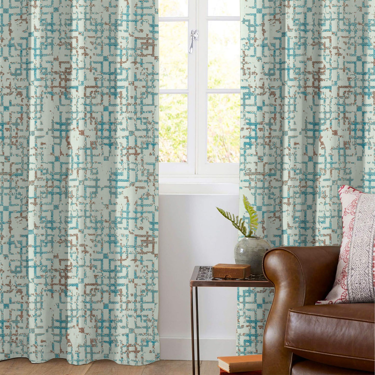 White And Teal Blue Geometric Pattern Jacquard Premium Curtain Fabric (Width 48 Inches)