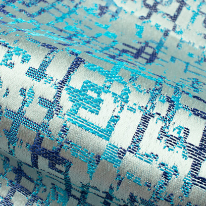 White And Turquoise Geometric Pattern Jacquard Premium Curtain Fabric (Width 48 Inches)