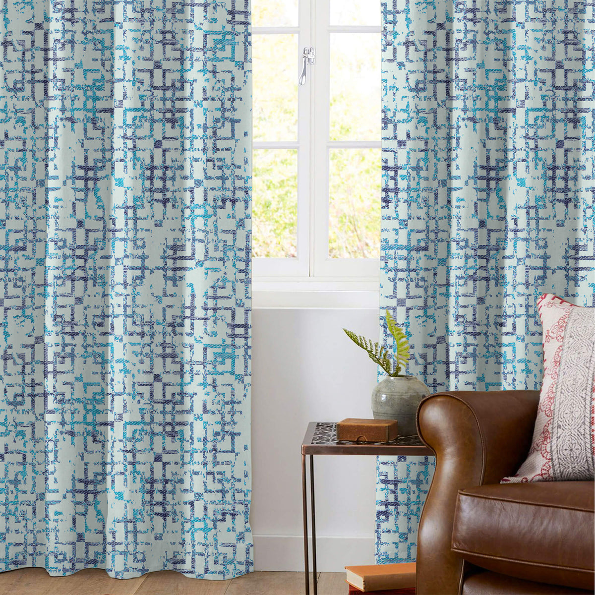 White And Turquoise Geometric Pattern Jacquard Premium Curtain Fabric (Width 48 Inches)