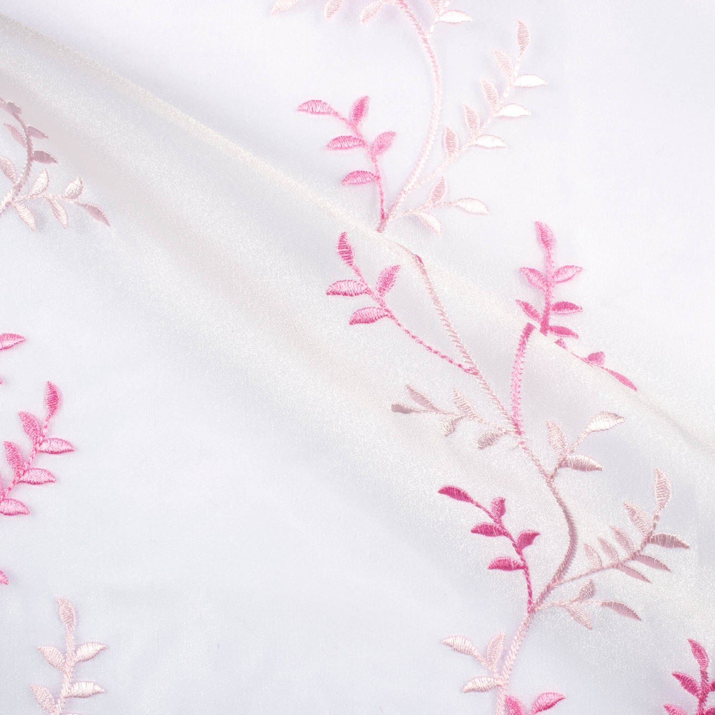 White And Taffy Pink Embroidery Organza Tissue Premium Sheer Fabric (Width 48 Inches)