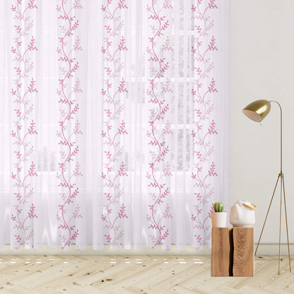 White And Taffy Pink Embroidery Organza Tissue Premium Sheer Fabric (Width 48 Inches)