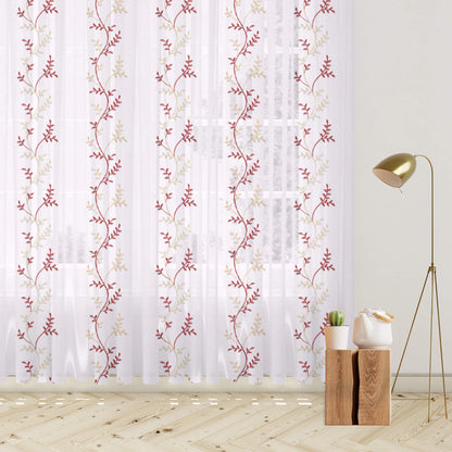 White And Red Embroidery Organza Tissue Premium Sheer Fabric (Width 48 Inches)