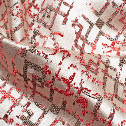 White And Red Geometric Pattern Jacquard Premium Curtain Fabric (Width 48 Inches)
