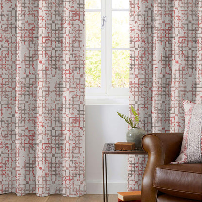 White And Red Geometric Pattern Jacquard Premium Curtain Fabric (Width 48 Inches)
