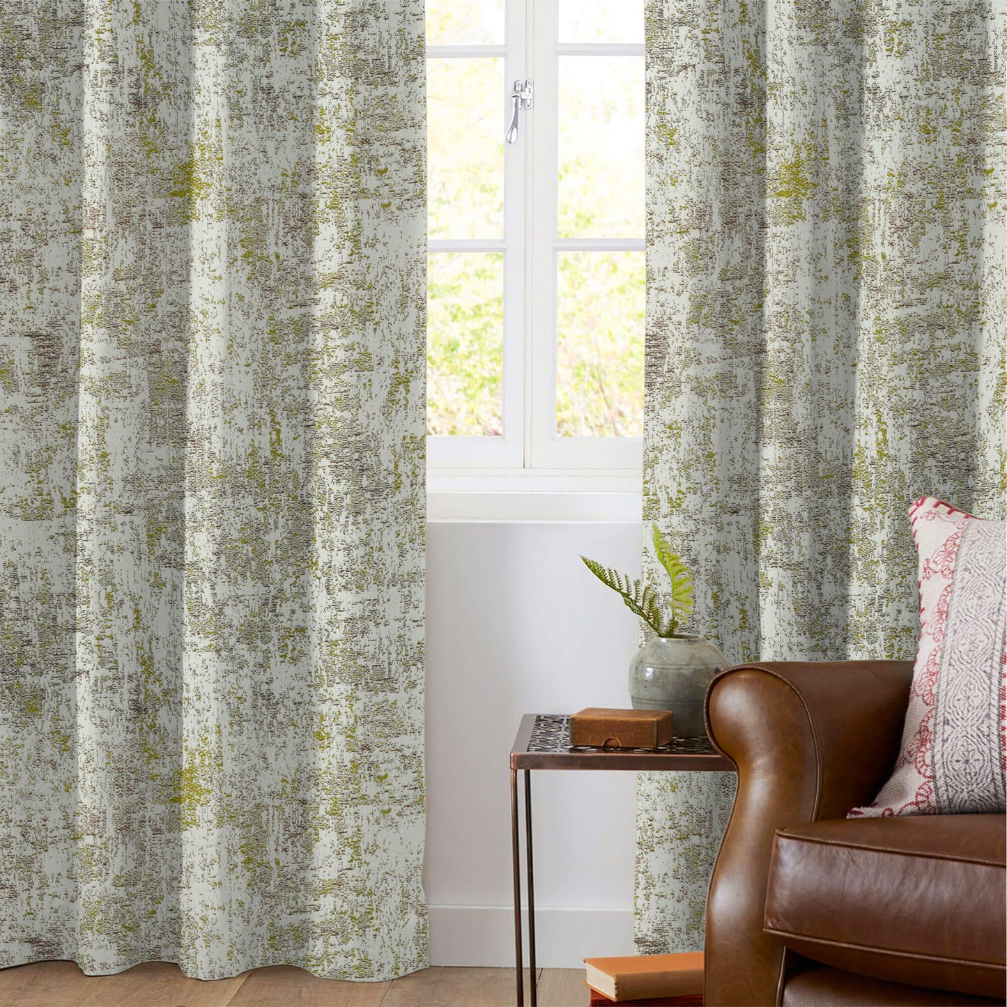 Off White And Parrot Green Self Textured Jacquard Premium Curtain Fabric (Width 48 Inches)