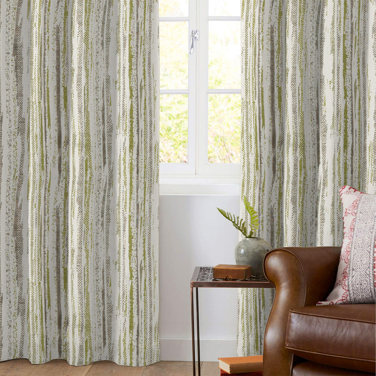 Off White And Parrot Green Self Textured Jacquard Premium Curtain Fabric (Width 48 Inches)