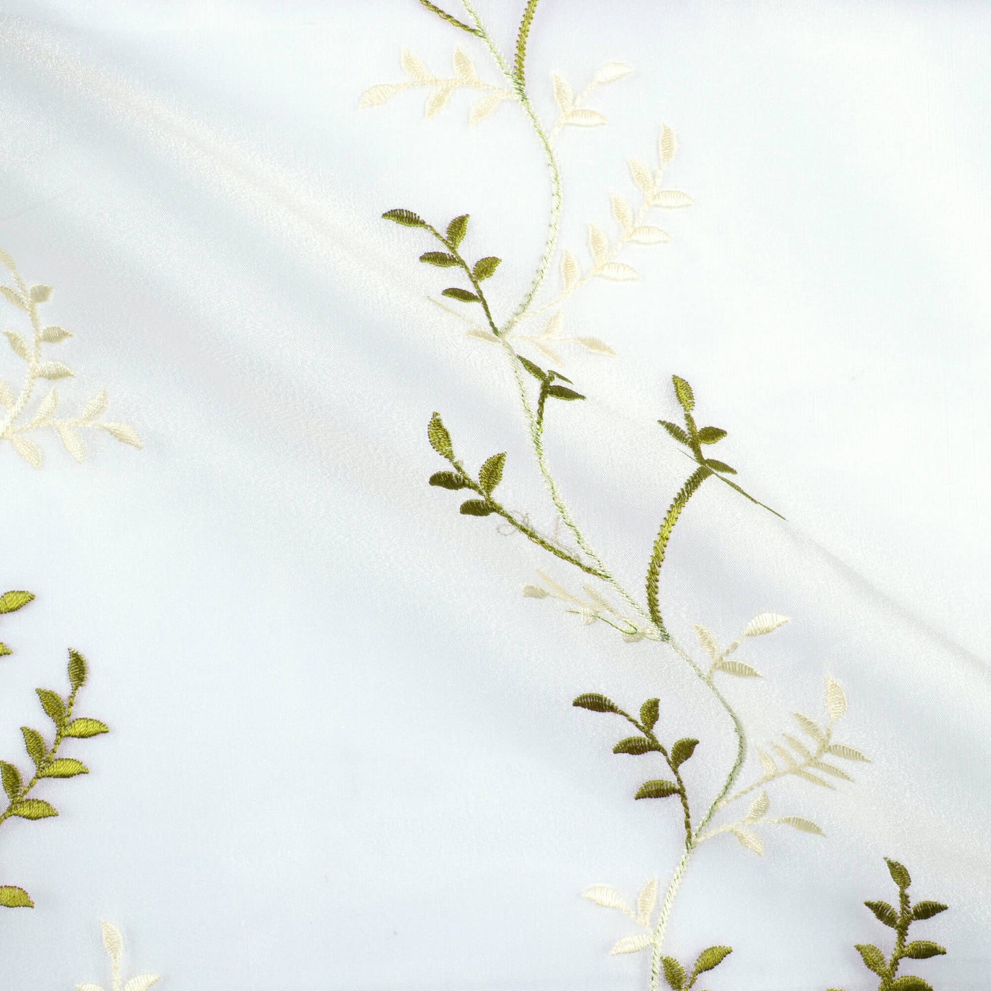 Off White And Parrot Green Embroidery Organza Tissue Premium Sheer Fabric (Width 48 Inches)