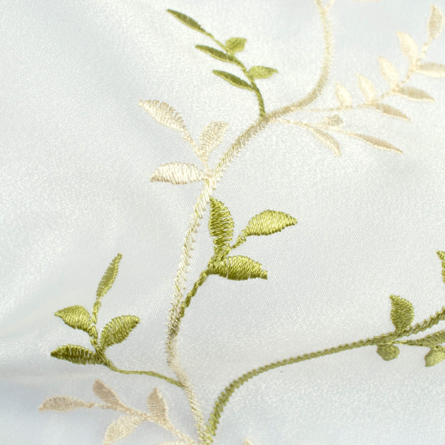 Off White And Parrot Green Embroidery Organza Tissue Premium Sheer Fabric (Width 48 Inches)