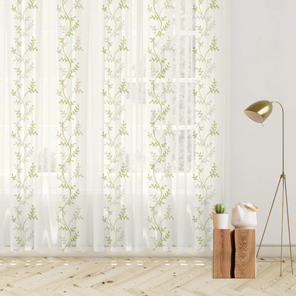 Off White And Parrot Green Embroidery Organza Tissue Premium Sheer Fabric (Width 48 Inches)