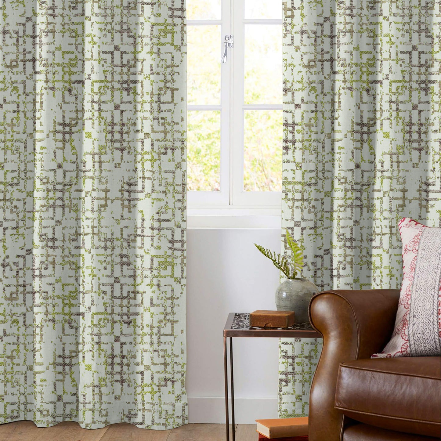 Off White And Parrot Green Geometric Pattern Jacquard Premium Curtain Fabric (Width 48 Inches)