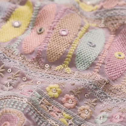 Lace Pink And Yellow Leaf Pattern Exclusive Sequins Embroidery With Foil Mirror Work Georgette Fabric (Width 54 Inches)