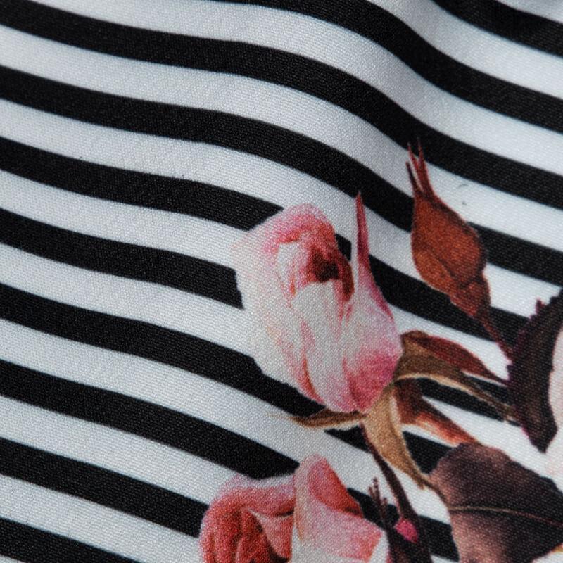 Black And White Stripes Floral Digital Print Chanderi Fabric