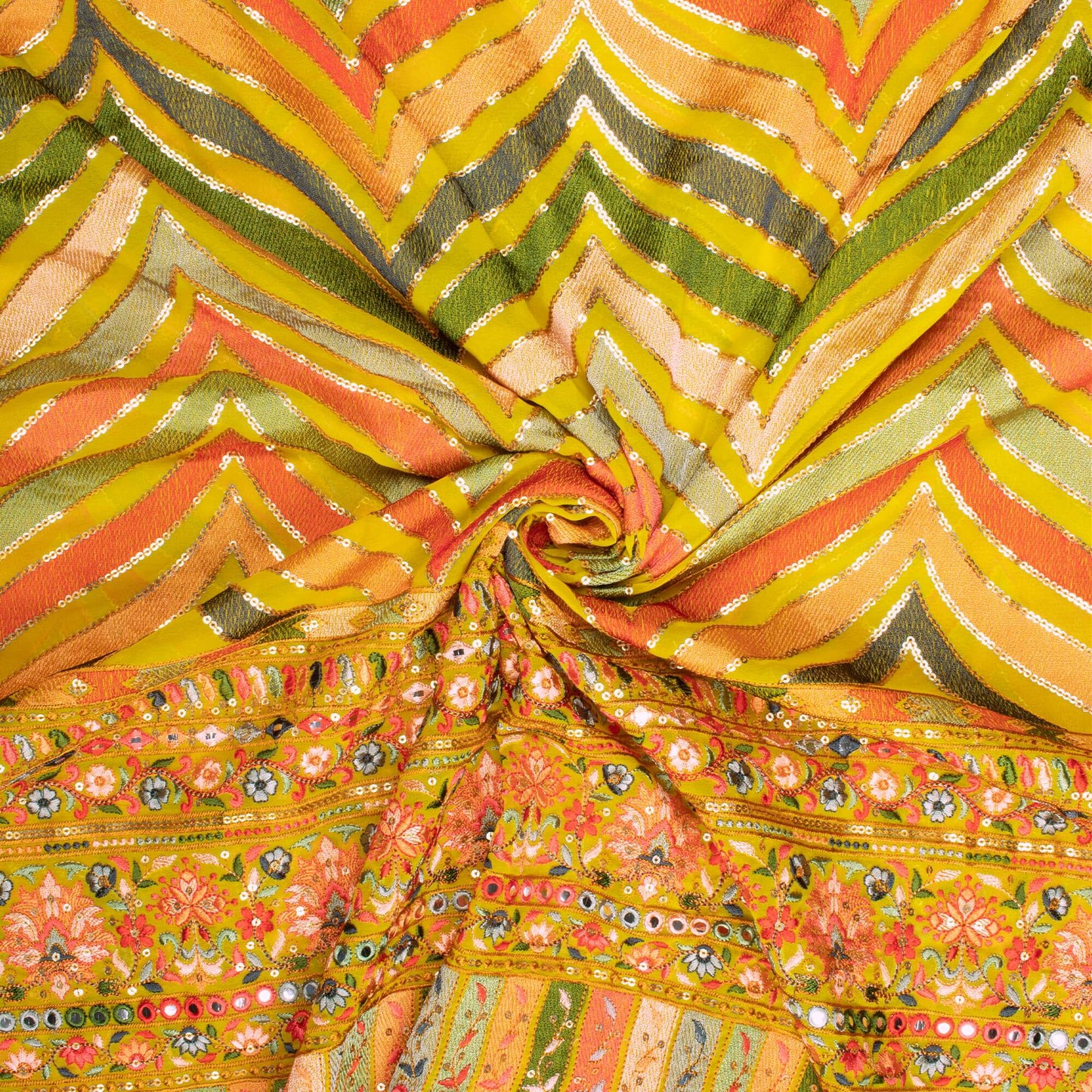 (Cut Piece 0.7 Mtr) Tuscany Yellow And Orange Chevron Pattern Premium Embroidery With Foil Mirror Work Georgette Fabric (Width 56 Inches)