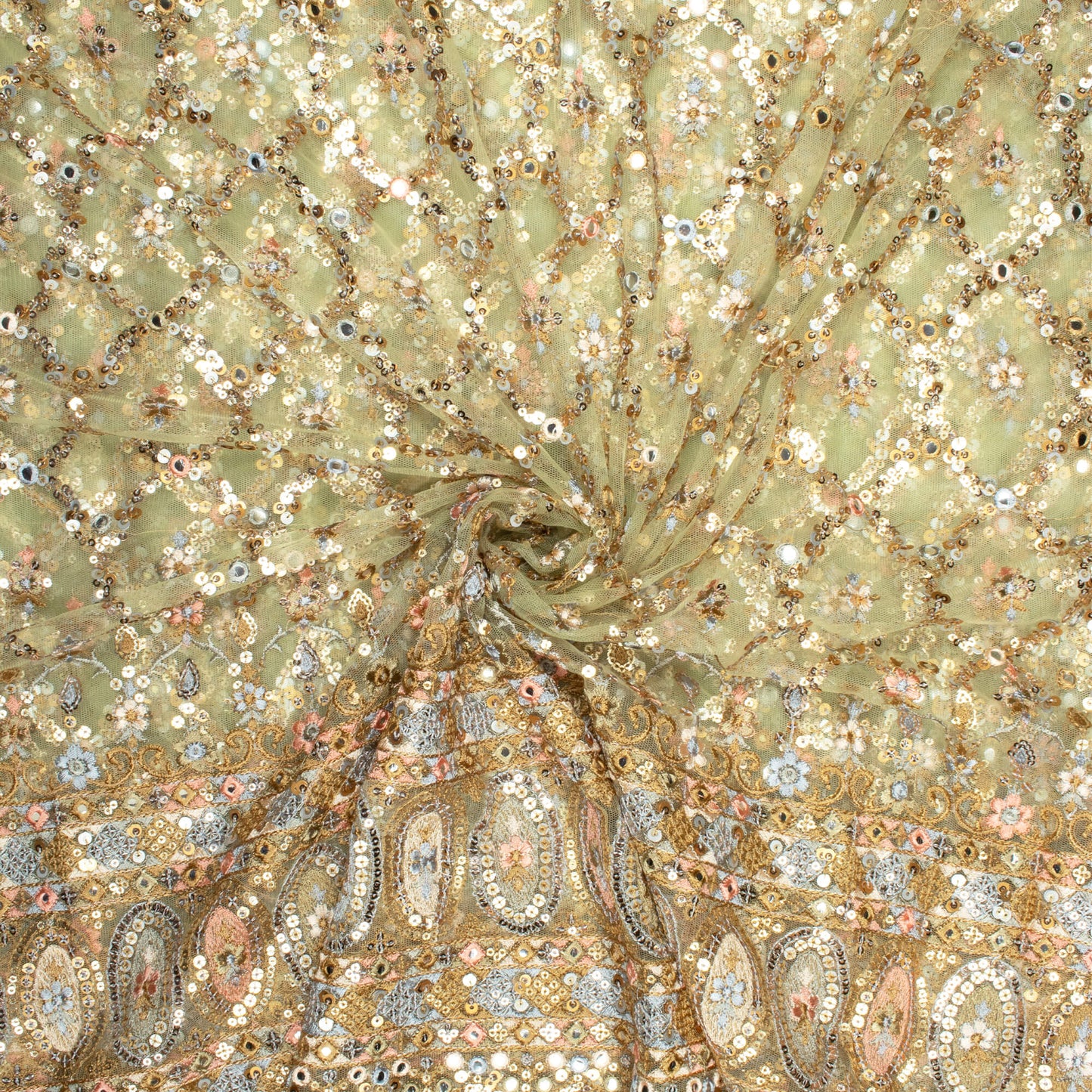 Moss Green And Peach Traditional Pattern Premium Sequins Embroidery With Foil Mirror Work Net Fabric (Width 56 Inches)