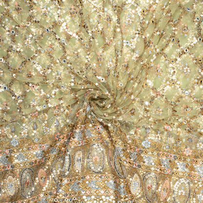 Moss Green And Peach Traditional Pattern Premium Sequins Embroidery With Foil Mirror Work Net Fabric (Width 56 Inches)