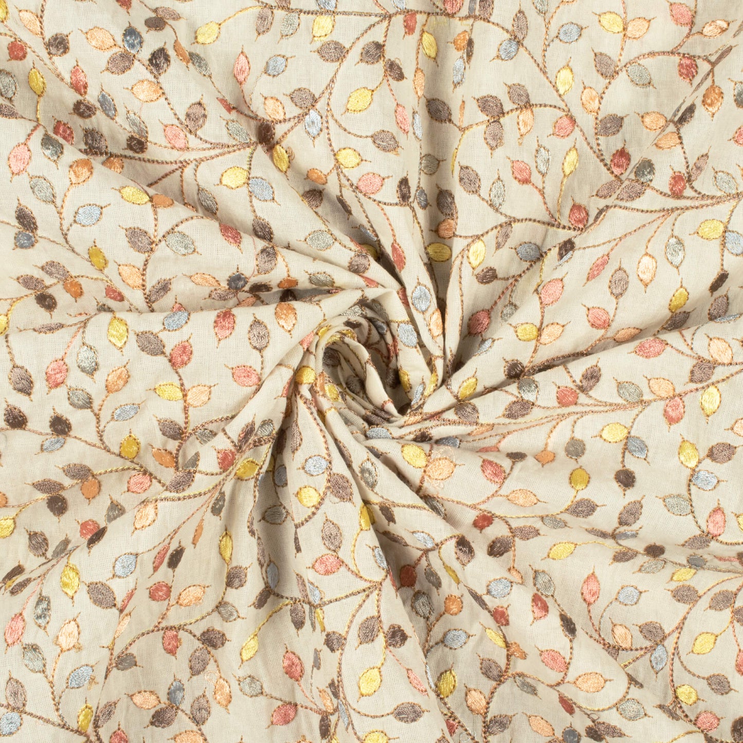 White And Peach Floral Pattern Exclusive Embroidery Dyeable Cotton Fabric