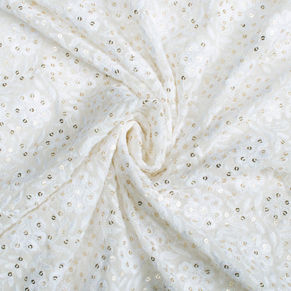 White Floral Pattern Exclusive Sequins Embroidery Dyeable Georgette Fabric