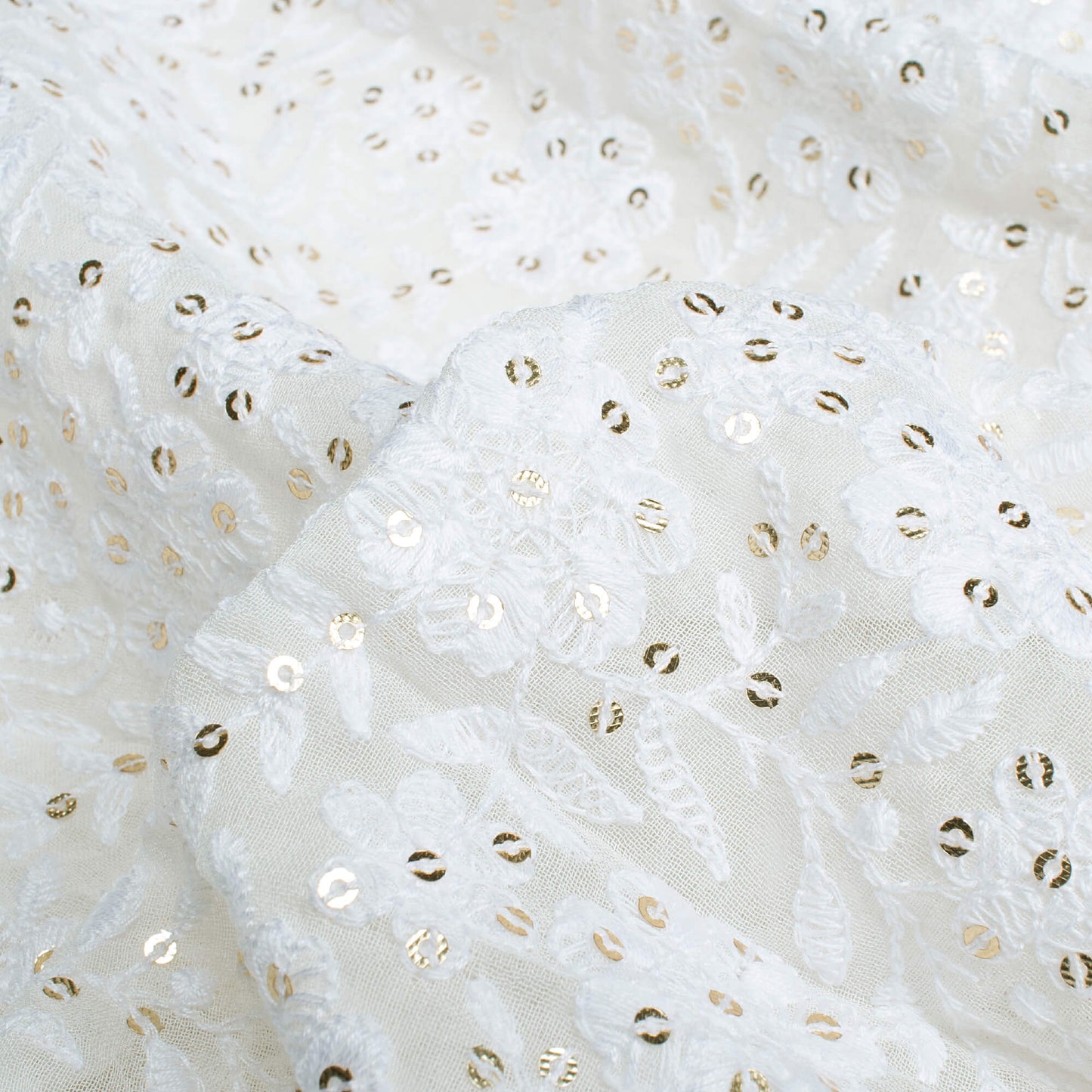 White Floral Pattern Exclusive Sequins Embroidery Dyeable Georgette Fabric