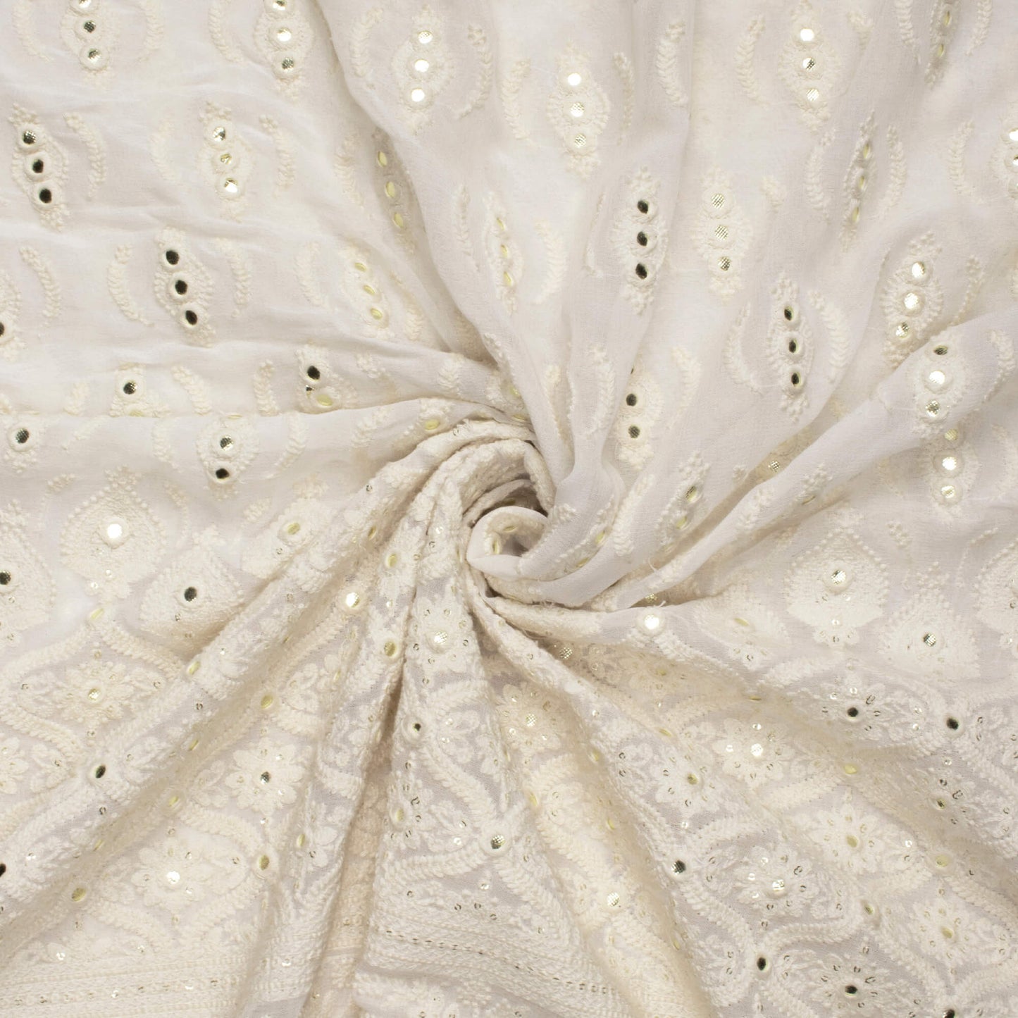 White Trellis Pattern Premium Sequins Embroidery With Foil Mirror Work Dyeable Georgette Fabric (Width 52 Inches)