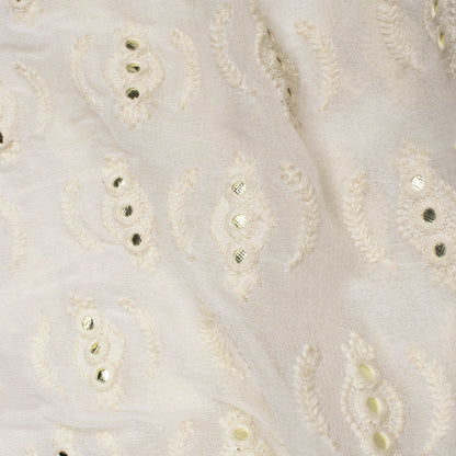 White Trellis Pattern Premium Sequins Embroidery With Foil Mirror Work Dyeable Georgette Fabric (Width 52 Inches)