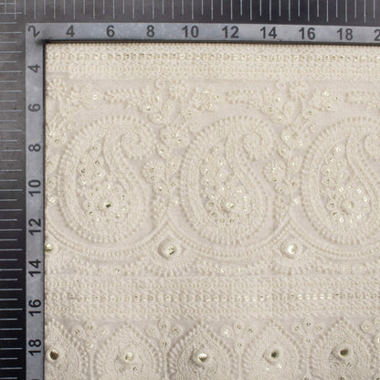 White Trellis Pattern Premium Sequins Embroidery With Foil Mirror Work Dyeable Georgette Fabric (Width 52 Inches)