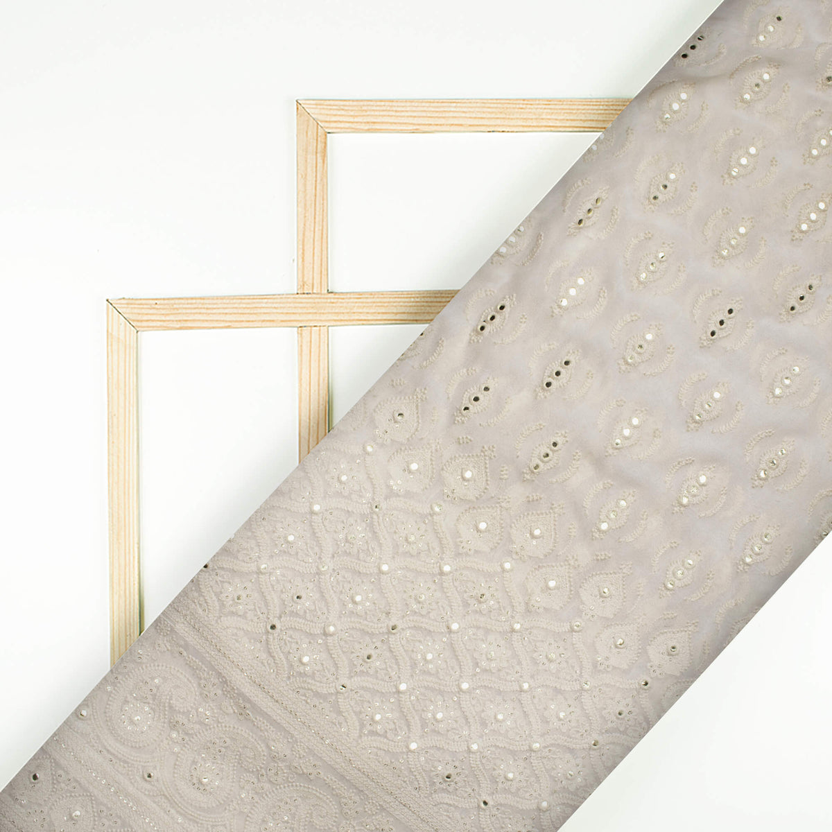 White Trellis Pattern Premium Sequins Embroidery With Foil Mirror Work Dyeable Georgette Fabric (Width 52 Inches)