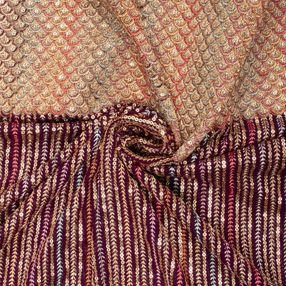 Rasin Purple And Yellow Stripes Pattern Luxury Zari Sequins Embroidery Georgette Fabric (Width 54 Inches)