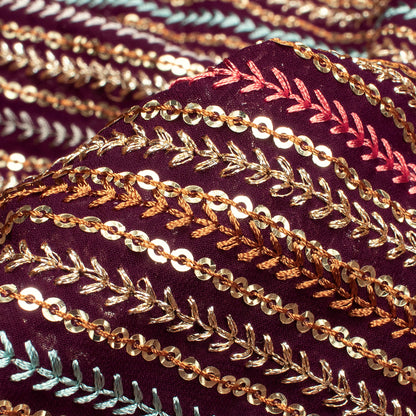 Rasin Purple And Yellow Stripes Pattern Luxury Zari Sequins Embroidery Georgette Fabric (Width 54 Inches)
