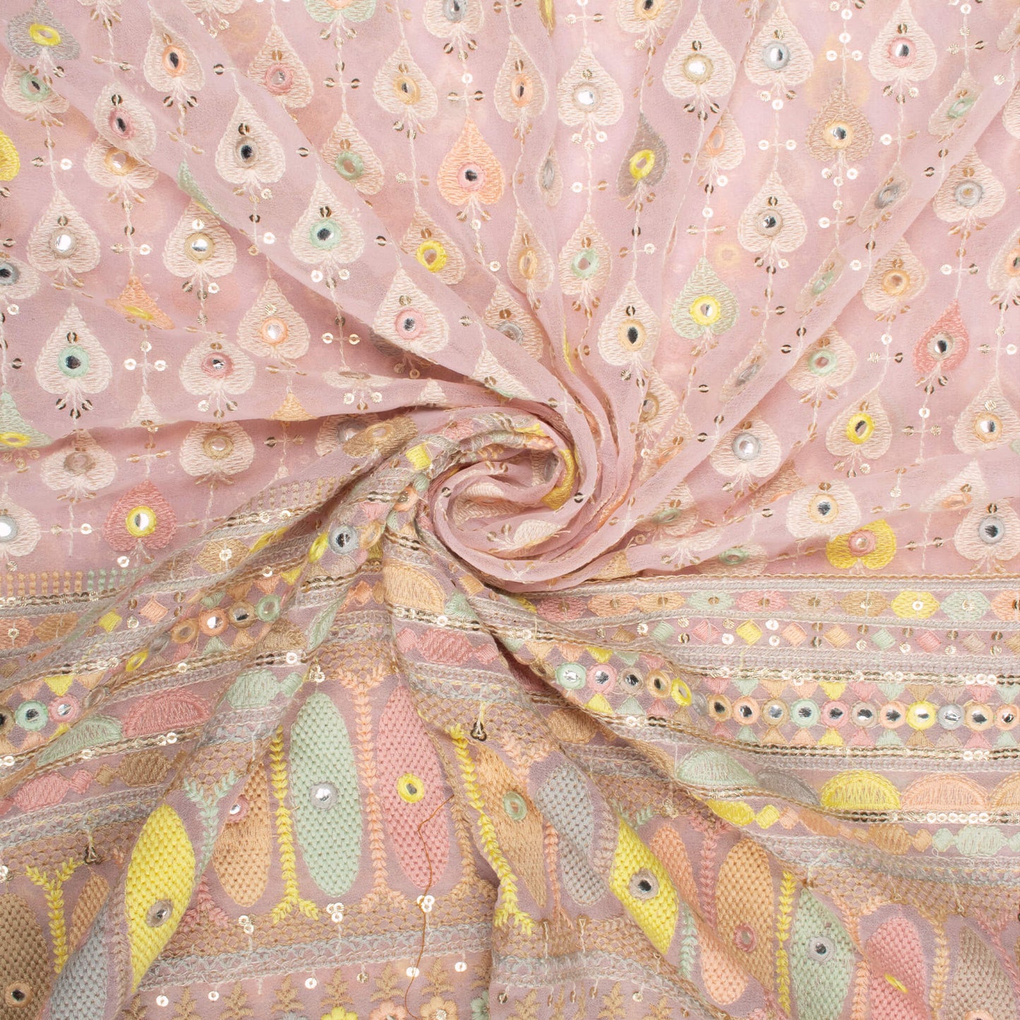 Lace Pink And Yellow Leaf Pattern Exclusive Sequins Embroidery With Foil Mirror Work Georgette Fabric (Width 54 Inches)