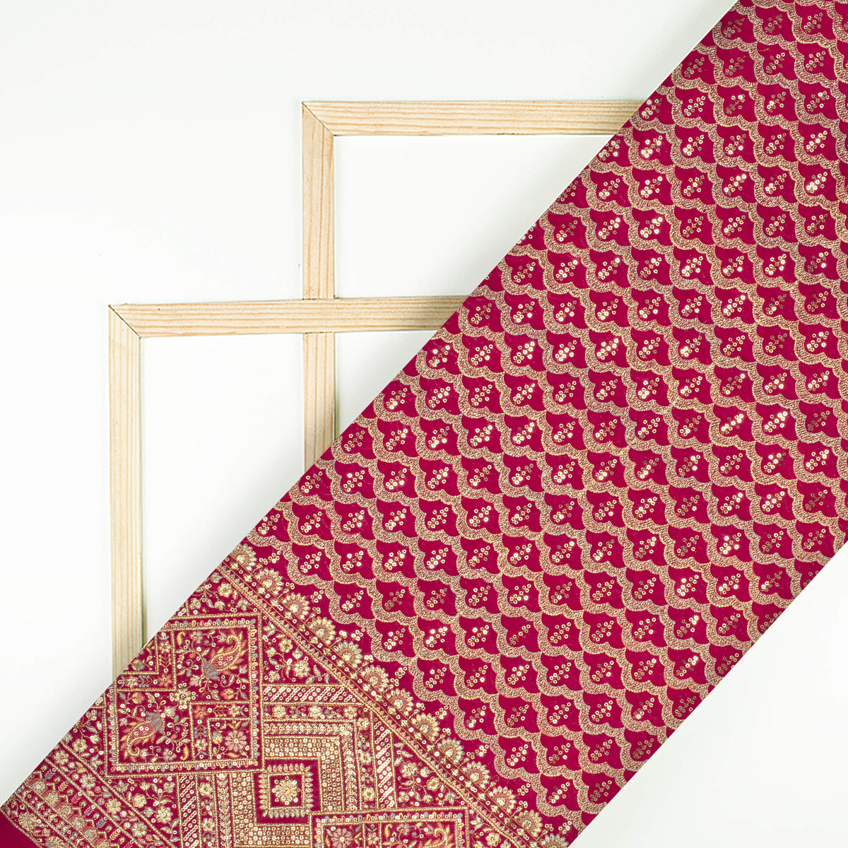 Dark Pink Trellis Pattern Luxury Zari Sequins Embroidery Georgette Fabric (Width 56 Inches)