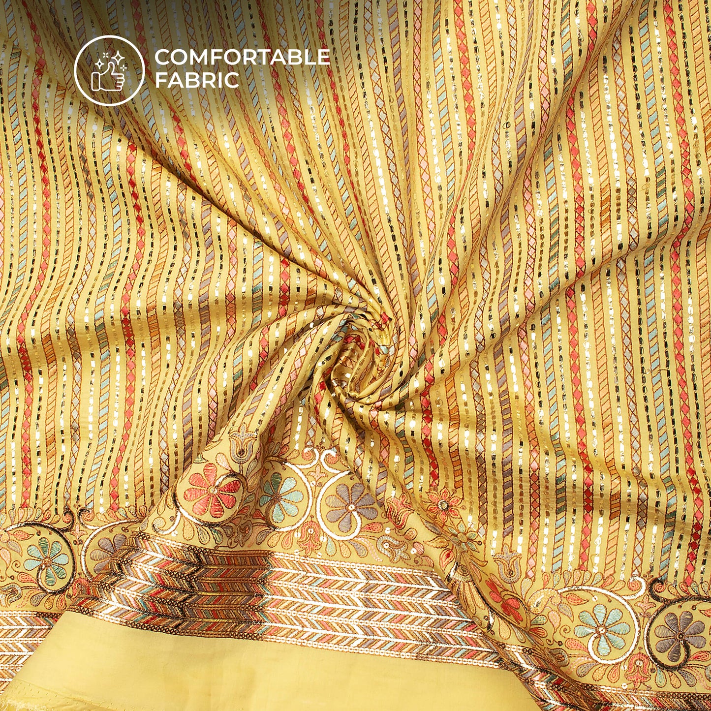 Beautiful Stripes With Gold Foil Embroidery On Glazed Cotton Fabric